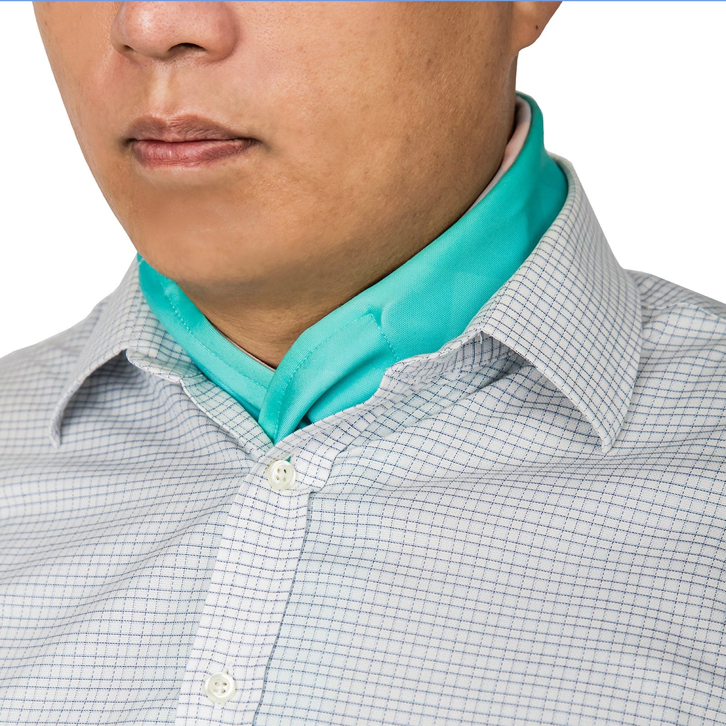 Cooling neck scarf with peaks pattern worn discreetly under a dress shirt for hot weather comfort
