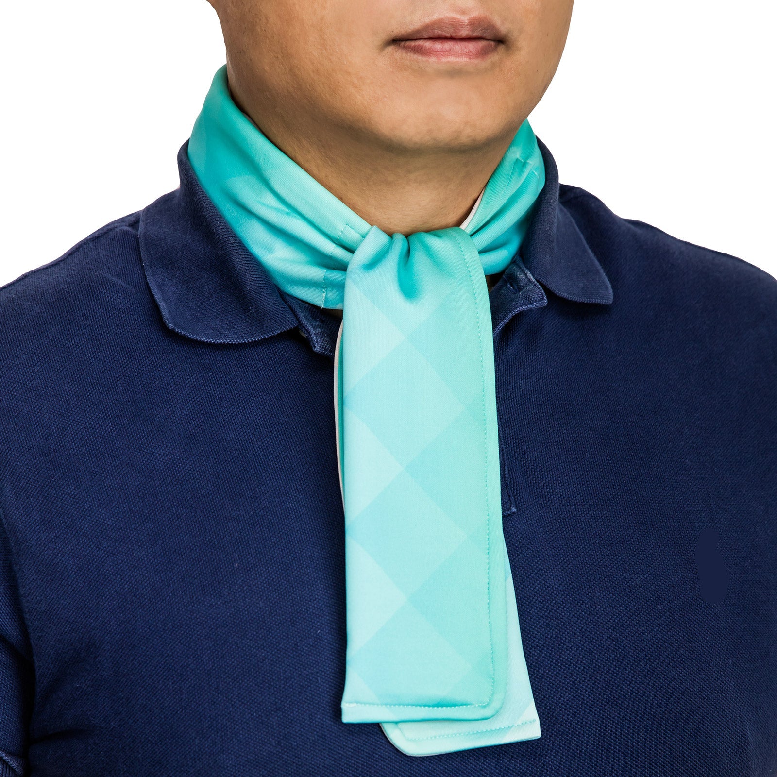 Cooling scarf peaks pattern worn over a polo shirt